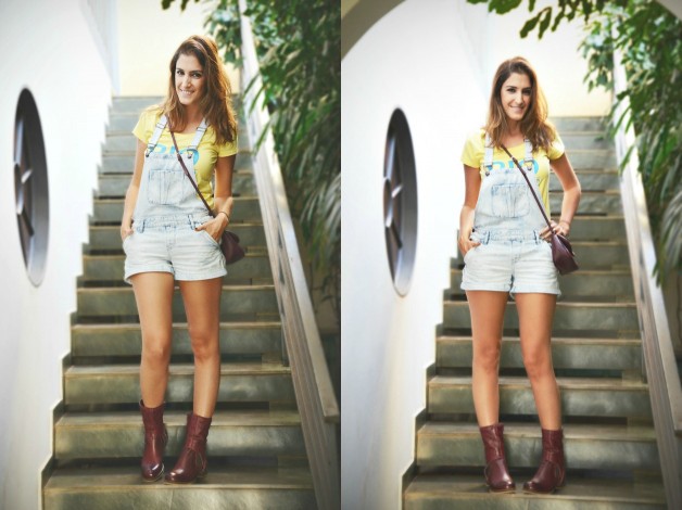 Look da Carola: jardineira jeans + tee amarela + botinha e bolsa a tiracolo Uncle K
