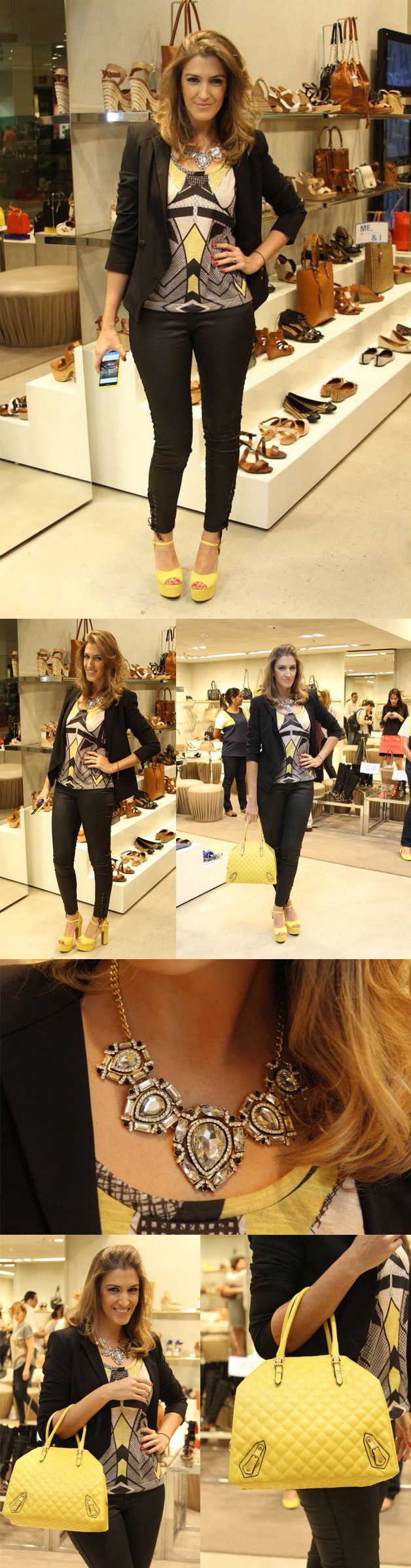 Look da Carola: calça preta + blusa estampa geométrica + blazer preto + sandália amarela